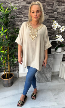 Made In Italy Tilly Embroidered Top - Beige