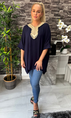 Made In Italy Tilly Embroidered Top - Navy Blue