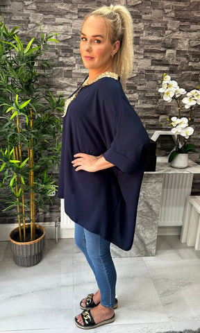 Made In Italy Tilly Embroidered Top - Navy Blue