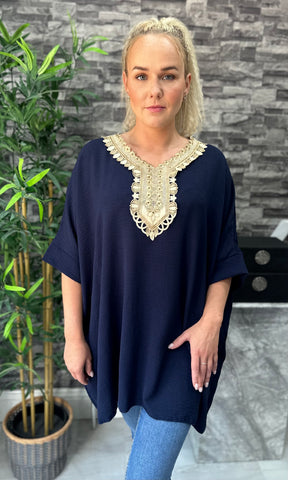 Made In Italy Tilly Embroidered Top - Navy Blue