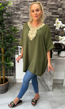 Made In Italy Tilly Embroidered Top - Khaki Green