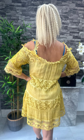 Made In Italy Ella Crotchet Cold Shoulder Tunic - Mustard