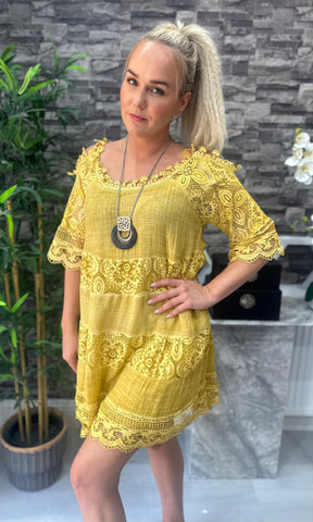 Made In Italy Ella Crotchet Cold Shoulder Tunic - Mustard