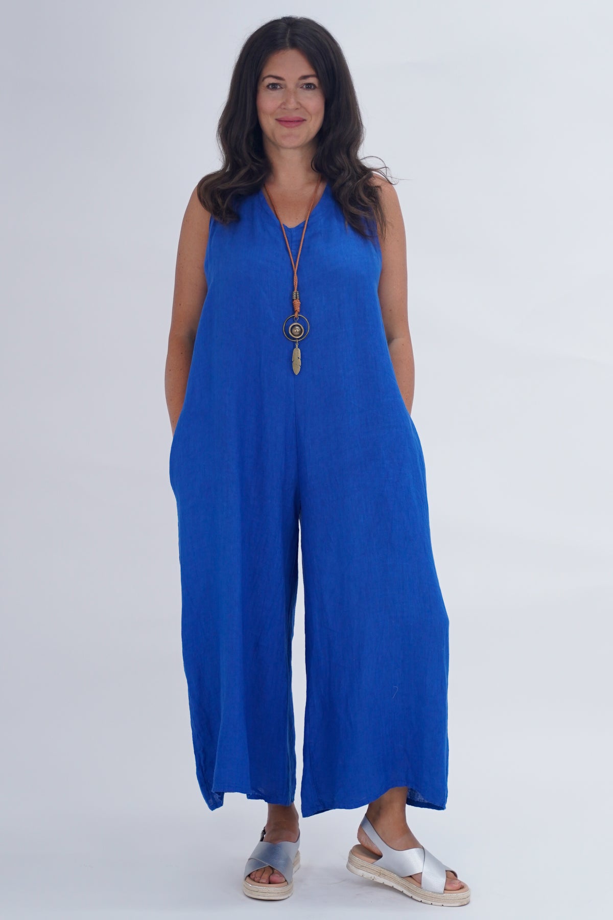 Made In Italy Rovigo Linen Back Tie Jumpsuit - Royal Blue