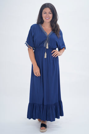 Made In Italy Amalfi Plain Tie Detail Dress - Navy Blue