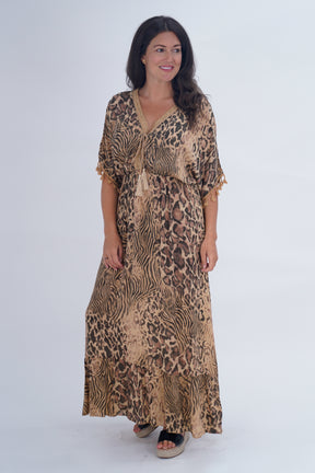 Made In Italy Amalfi Animal Print Tie Detail Dress - Sand