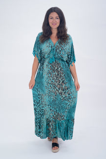Made In Italy Amalfi Animal Print Tie Detail Dress - Teal