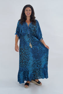 Made In Italy Amalfi Animal Print Tie Detail Dress - Royal Blue