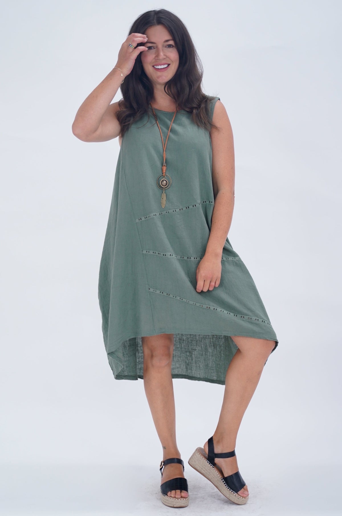 Made In Italy Emily Linen Eyelet Pocket Dress - Khaki Green