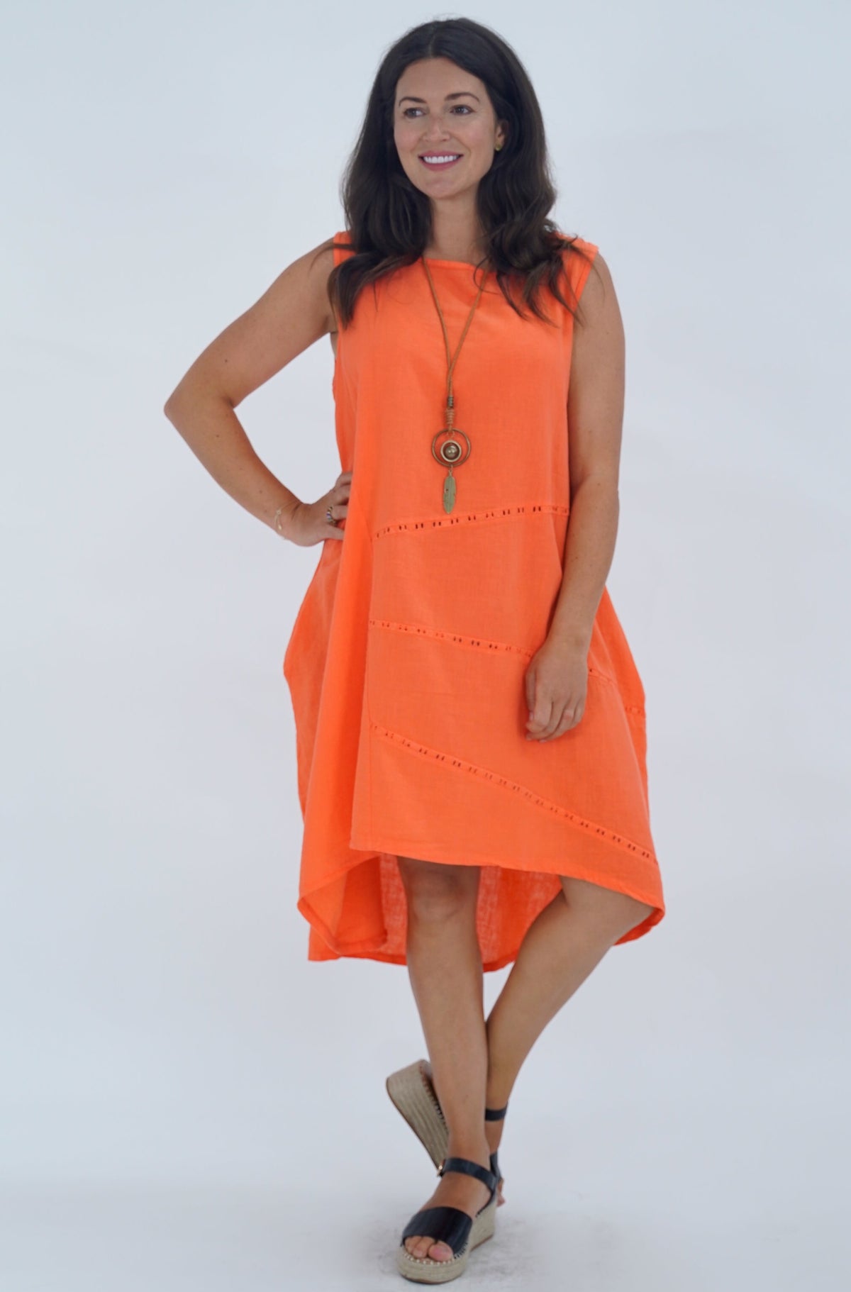 Made In Italy Emily Linen Eyelet Pocket Dress - Orange