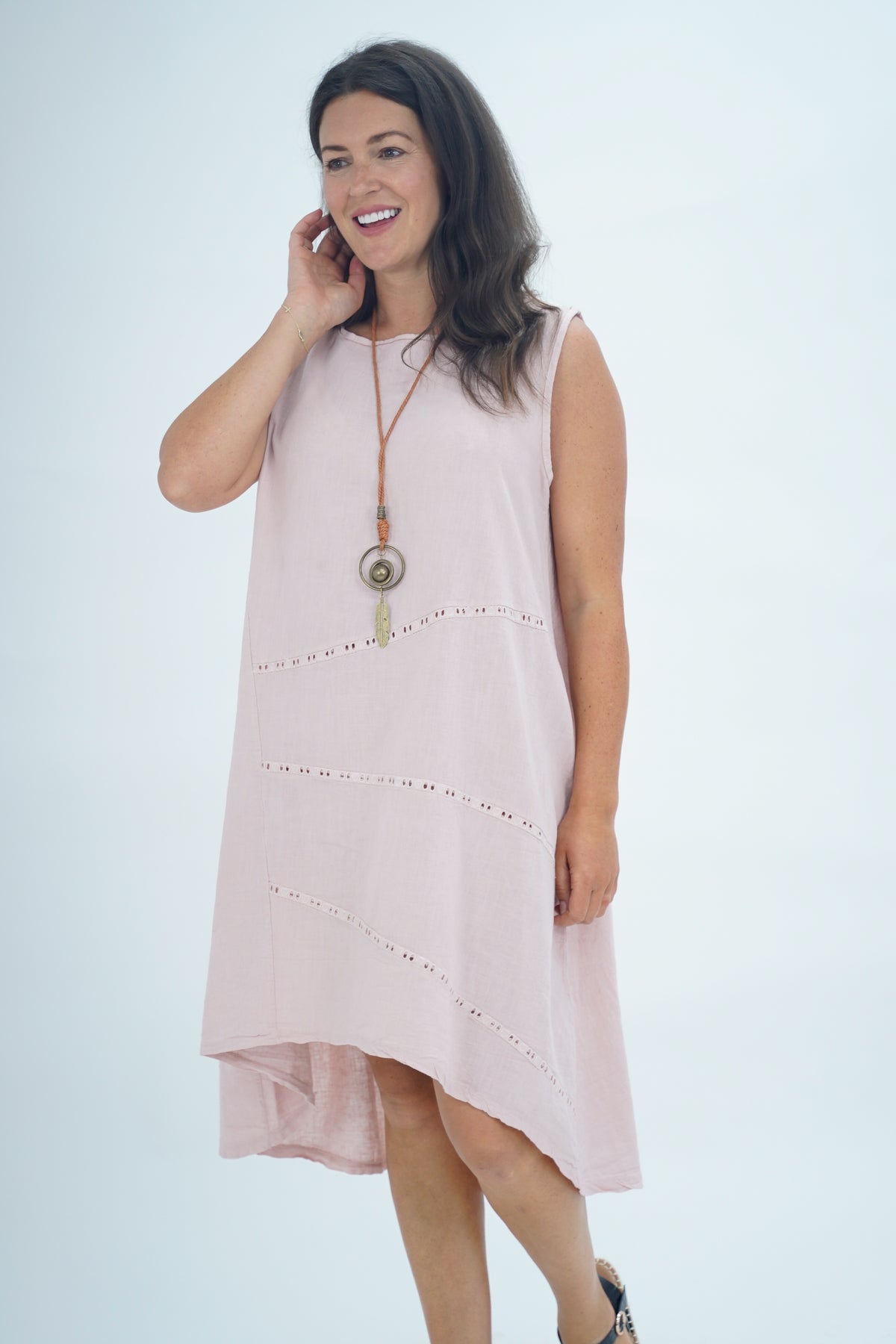 Made In Italy Emily Linen Eyelet Pocket Dress - Light Pink