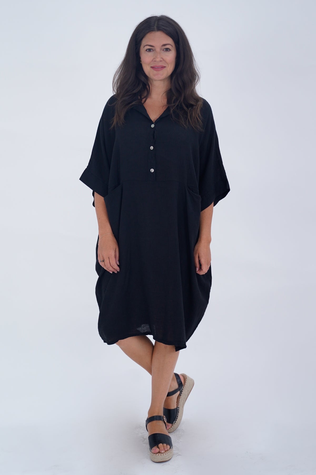 Made In Italy Verona Linen Pocket Dress - Black