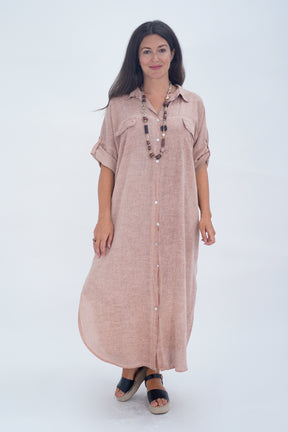 Made In Italy Naples Linen Long Button Dress - Nutmeg
