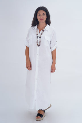 Made In Italy Naples Linen Long Button Dress - White