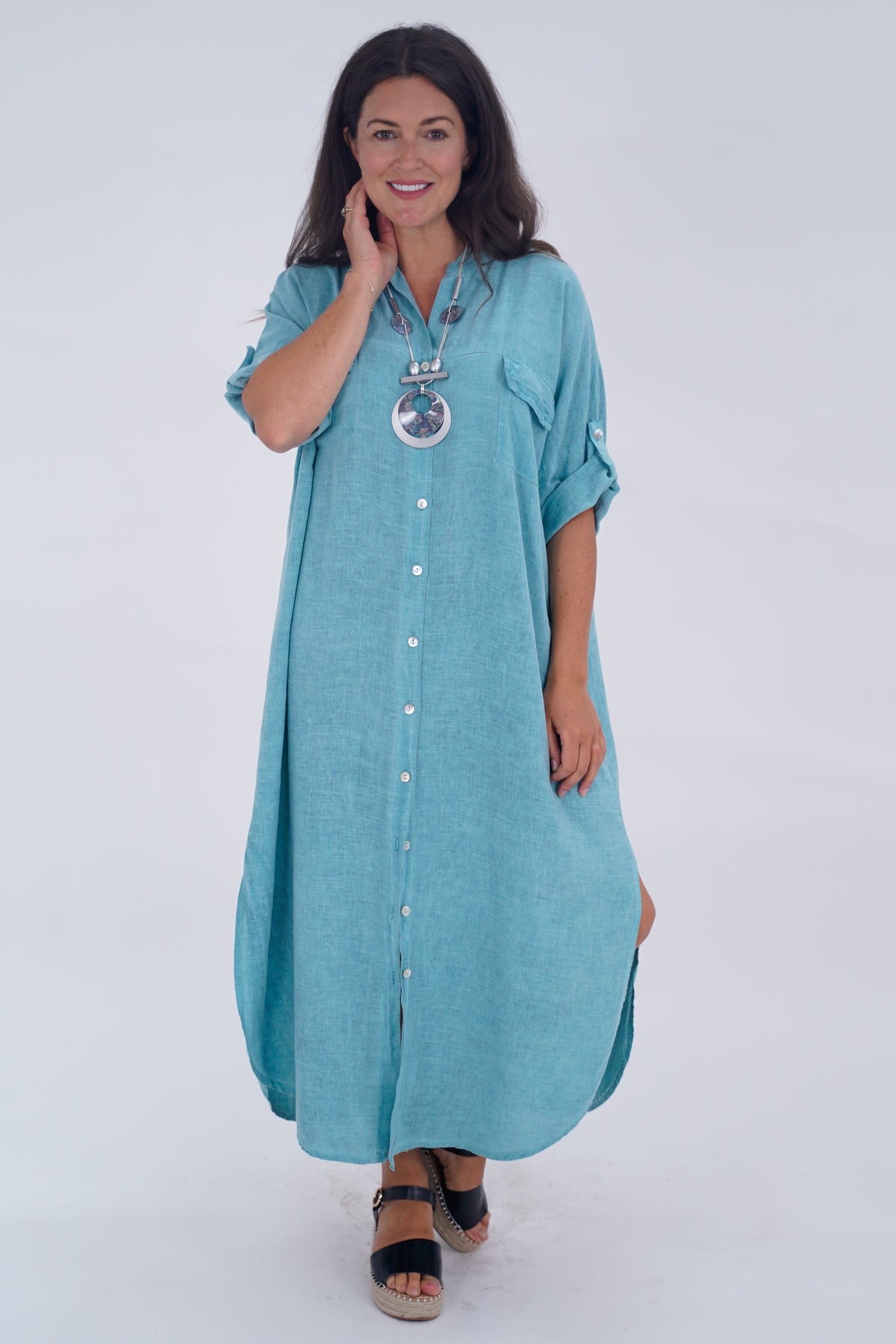 Made In Italy Naples Linen Long Button Dress - Teal