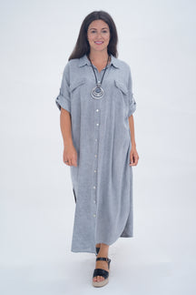 Made In Italy Naples Linen Long Button Dress - Grey