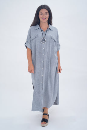 Made In Italy Naples Linen Long Button Dress - Grey