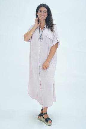 Made In Italy Naples Linen Long Button Dress - Light Pink
