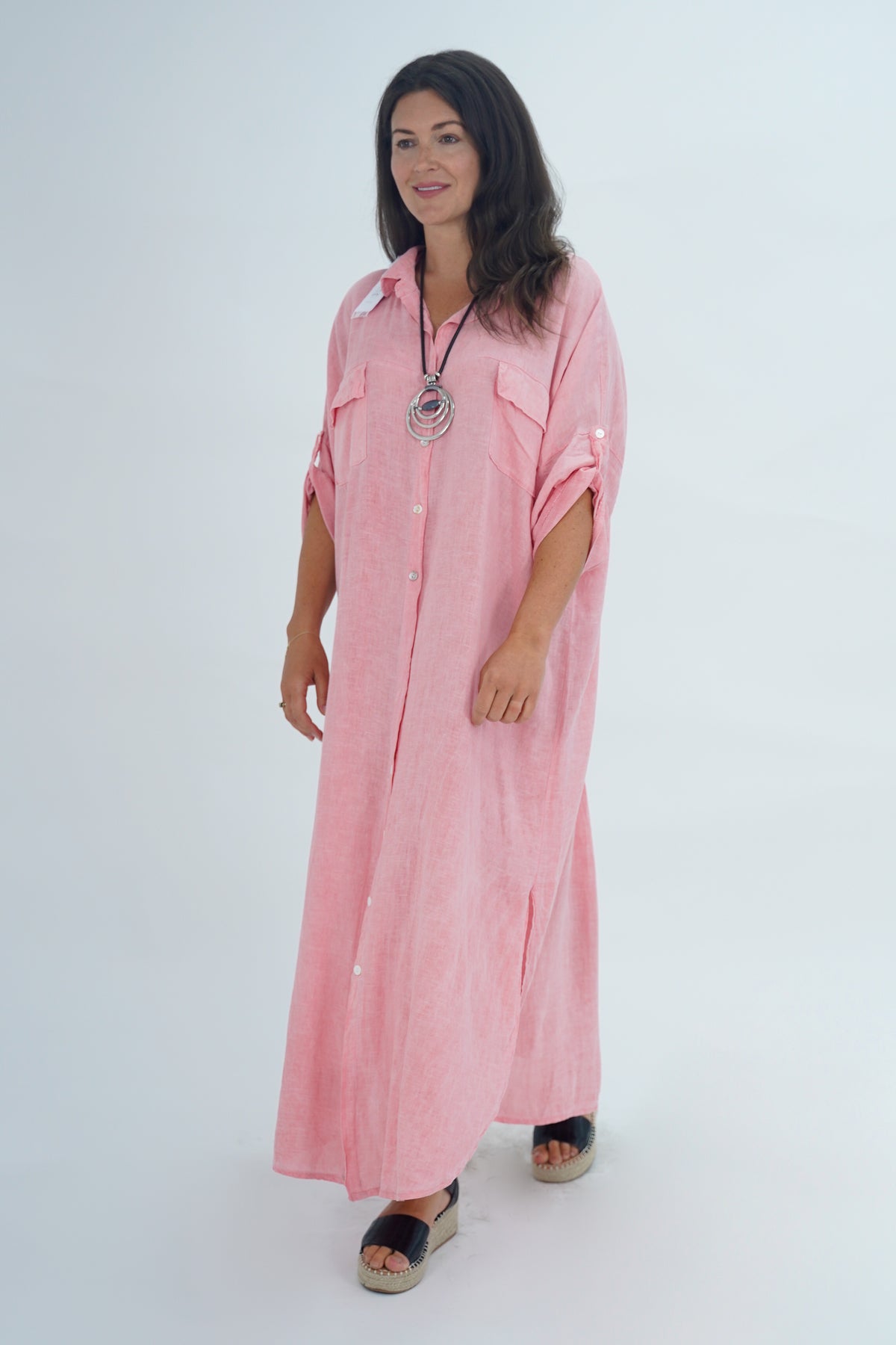 Made In Italy Naples Linen Long Button Dress - Bubblegum Pink