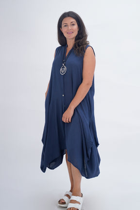 Made In Italy Elice Linen Asymmetric Button Dress - Navy Blue