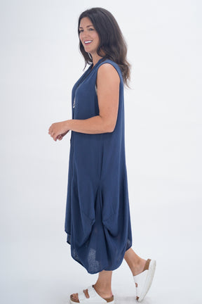 Made In Italy Elice Linen Asymmetric Button Dress
