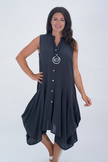 Made In Italy Elice Linen Asymmetric Button Dress - Grey