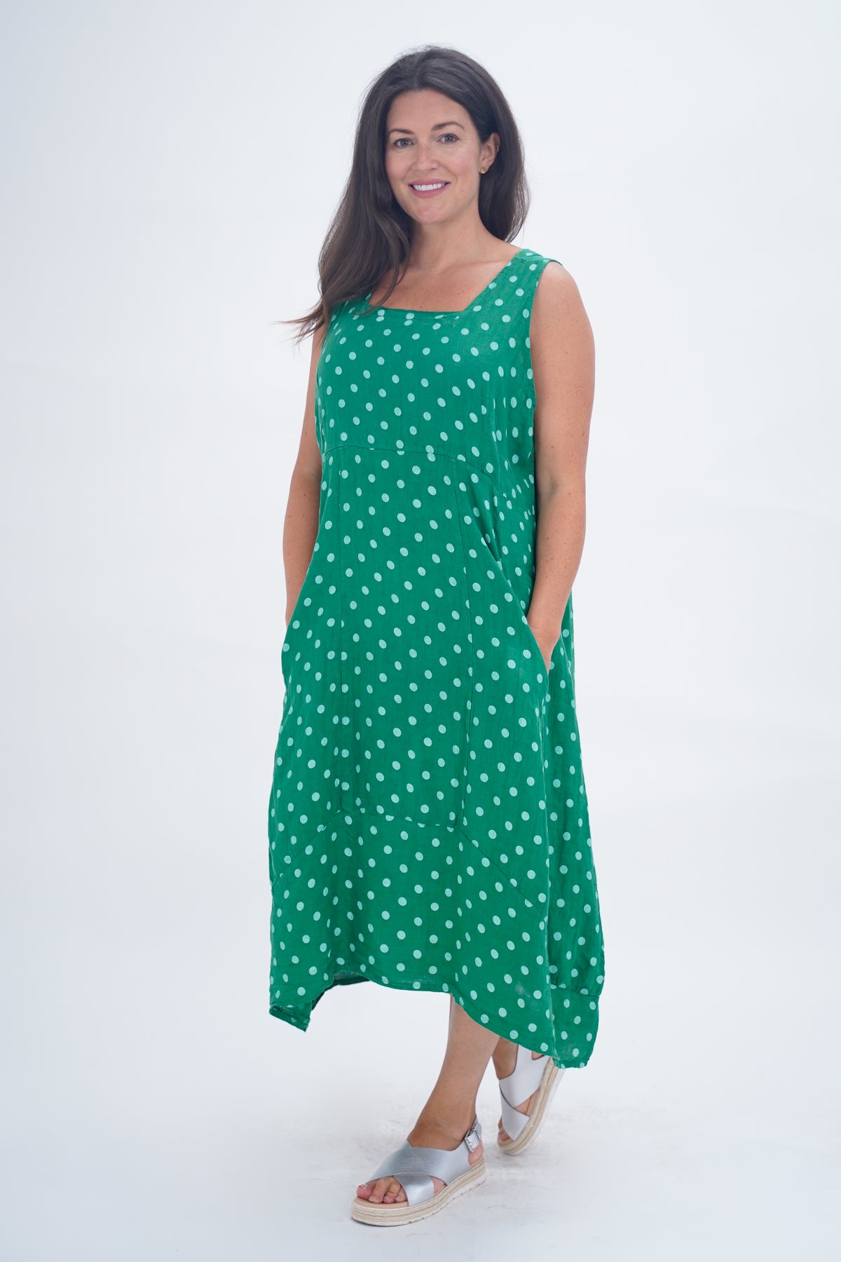Made In Italy Lazio Polka Dot Linen Dress - Emerald Green