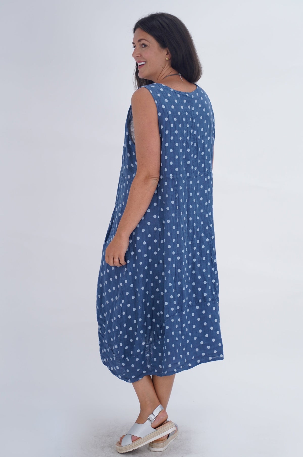 Made In Italy Lazio Polka Dot Linen Dress - Denim Blue