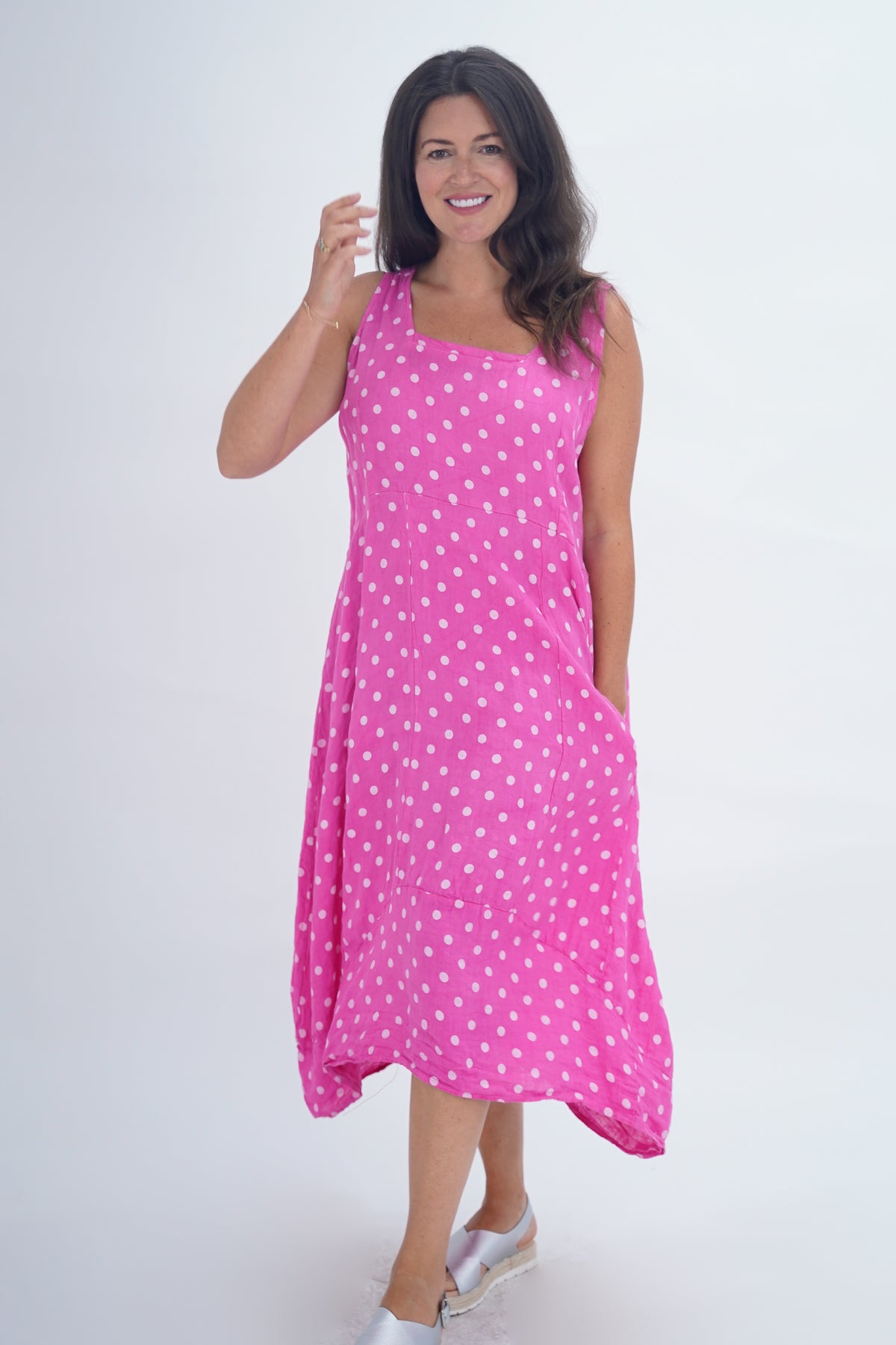 Made In Italy Lazio Polka Dot Linen Dress - Fuchsia