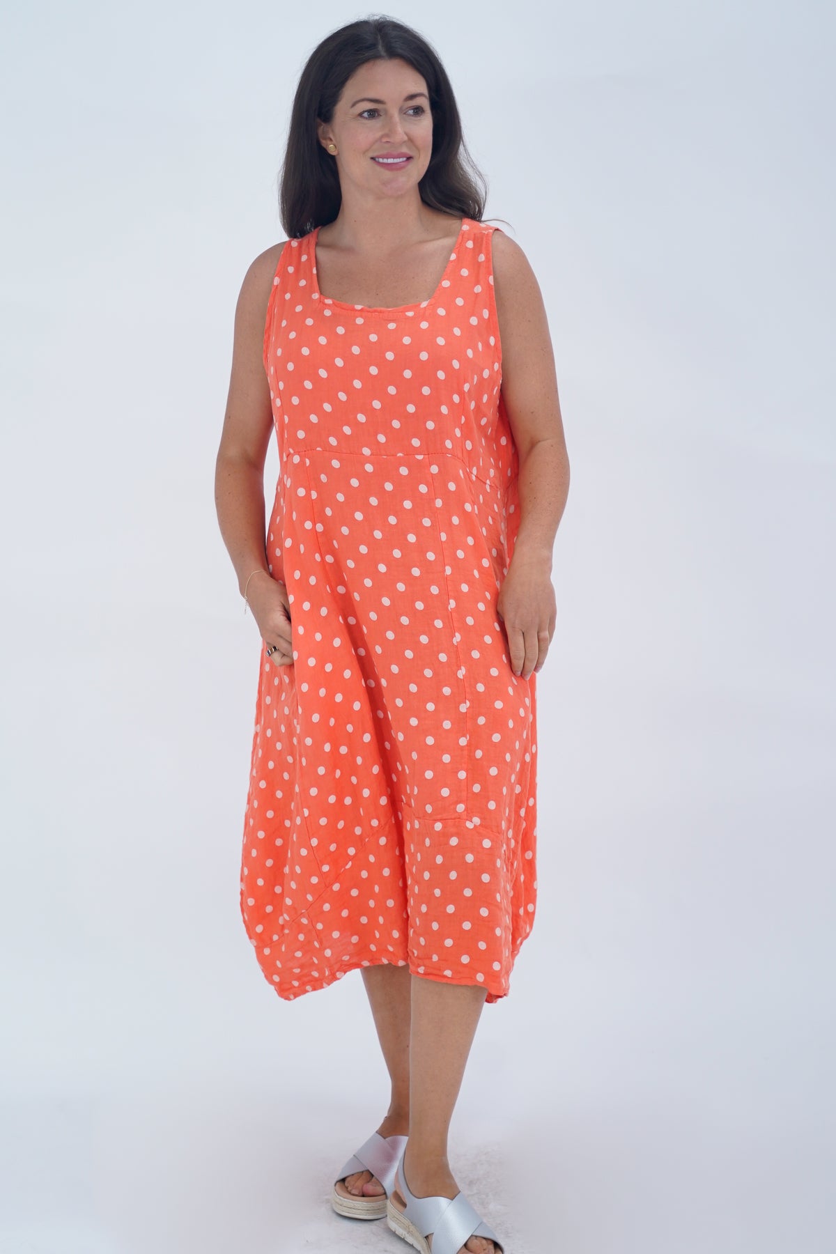 Made In Italy Lazio Polka Dot Linen Dress - Orange
