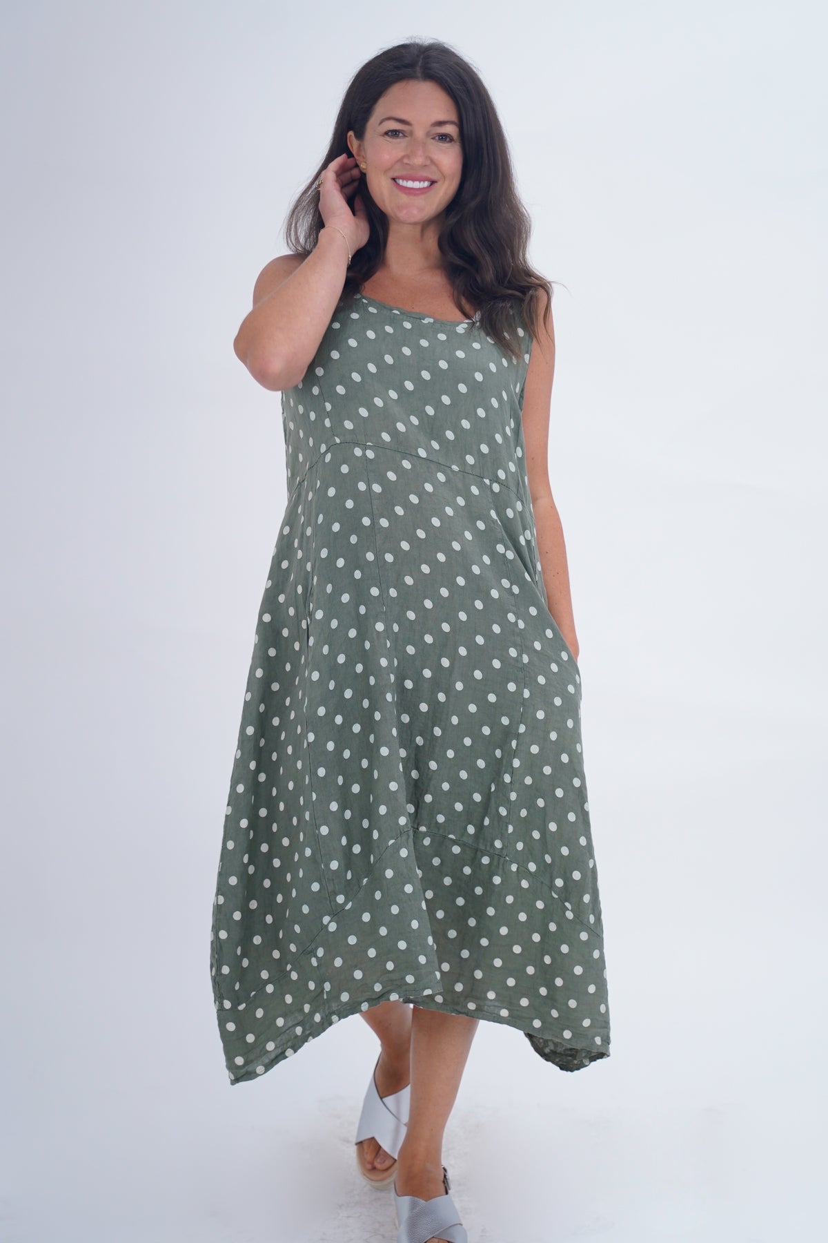 Made In Italy Lazio Polka Dot Linen Dress - Khaki Green