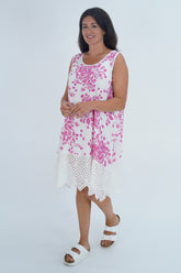 Made In Italy Lily Floral Print Eyelet Dress - Fuchsia