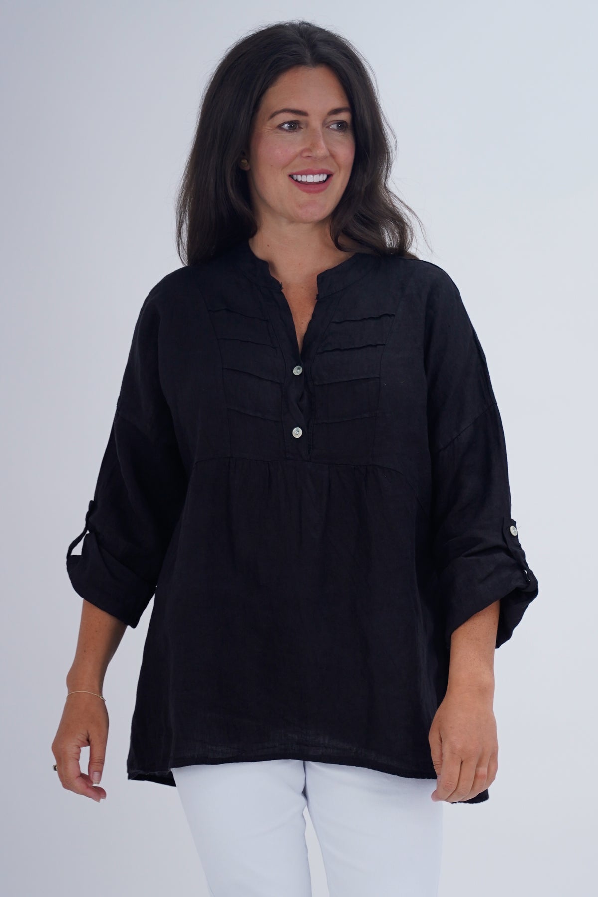 Made In Italy Sienna Linen Tunic Top - Black