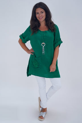 Made In Italy Venice Linen Pendant Tunic Top - Emerald Green