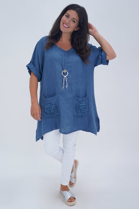 Made In Italy Venice Linen Pendant Tunic Top - Denim Blue