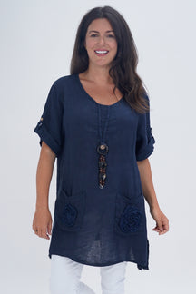 Made In Italy Venice Linen Pendant Tunic Top - Navy Blue