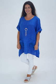 Made In Italy Venice Linen Pendant Tunic Top- Royal Blue