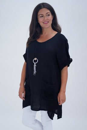 Made In Italy Venice Linen Pendant Tunic Top - Black