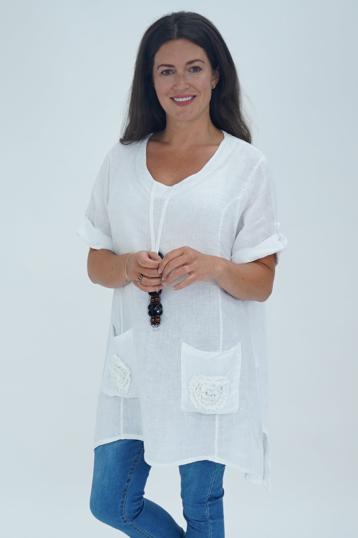 Made In Italy Venice Linen Pendant Tunic Top- White