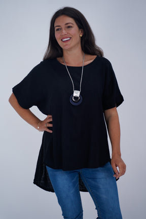 Made In Italy Ruby Button Back Ruffle Linen Tunic Top - Black