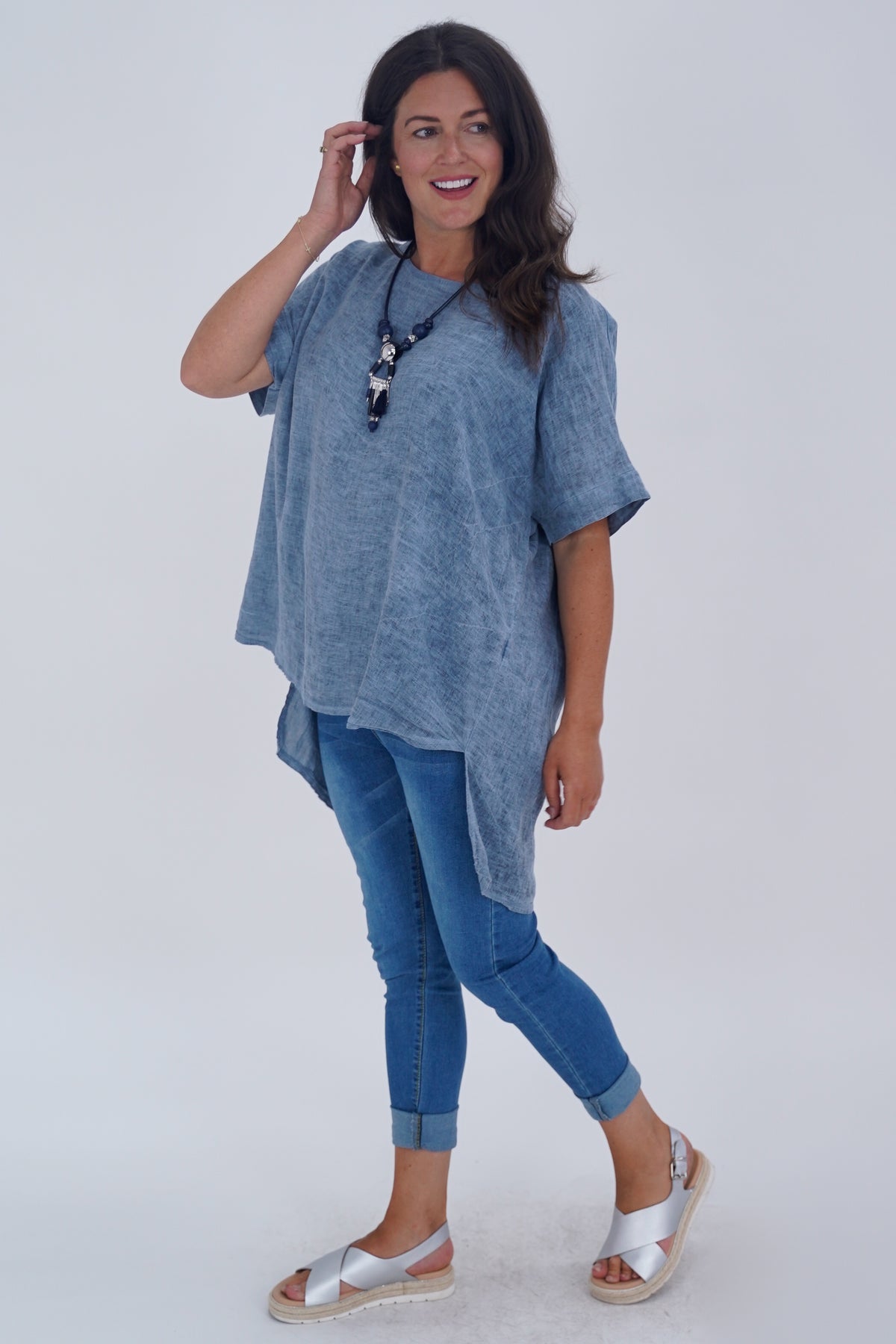 Made In Italy Ruby Button Back Ruffle Linen Tunic Top - Denim Blue