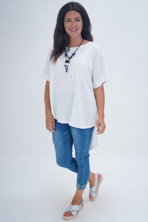 Made In Italy Ruby Button Back Ruffle Linen Tunic Top - White