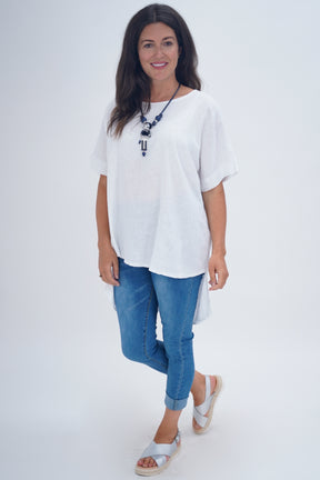 Made In Italy Ruby Button Back Ruffle Linen Tunic Top - White