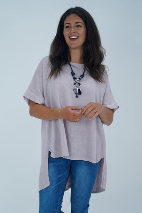 Made In Italy Ruby Button Back Ruffle Linen Tunic Top - Light Pink