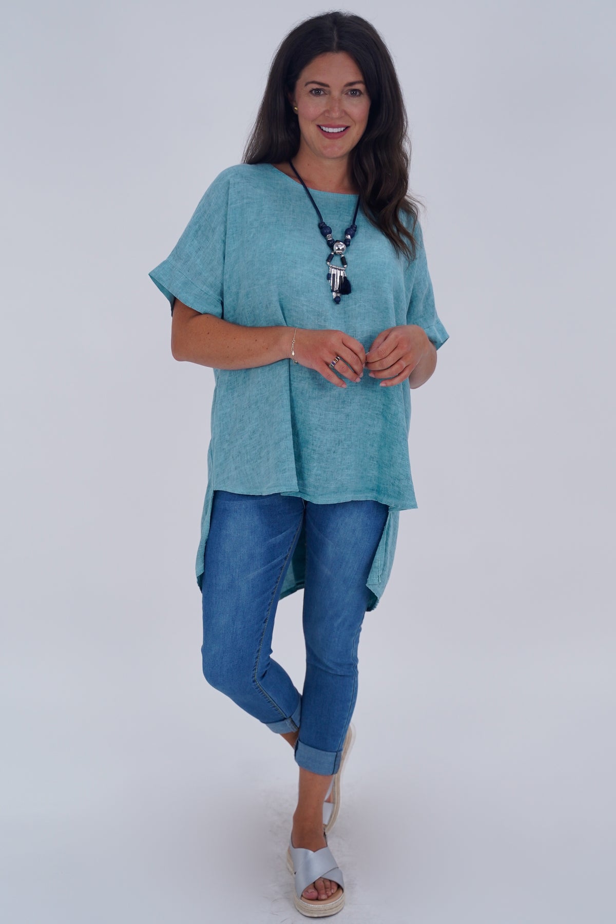 Made In Italy Ruby Button Back Ruffle Linen Tunic Top - Teal