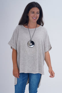 Made In Italy Ruby Button Back Ruffle Linen Tunic Top - Beige