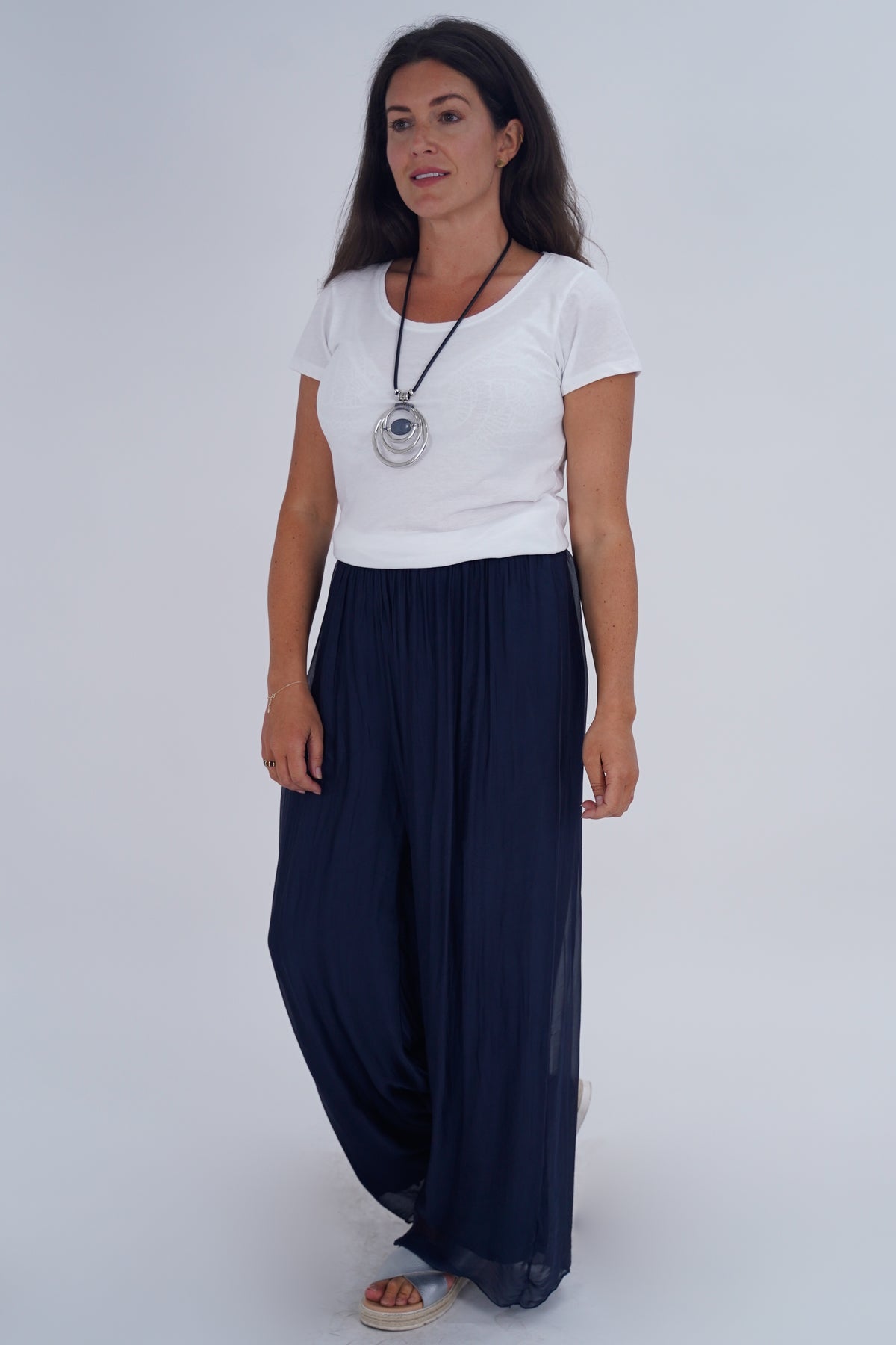 Made In Italy Arabella Pure Silk Trousers - Navy